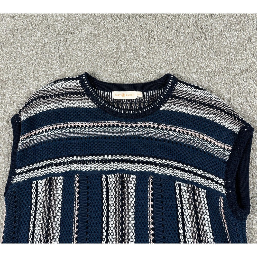 Tory Burch Sweater Womens XS Blue‎ Geometric Top Linen Blend Crochet Sleeveless - Picture 2 of 9